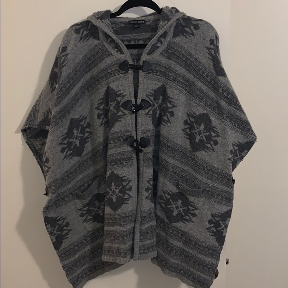 Grey Hooded Aztec Print Poncho
